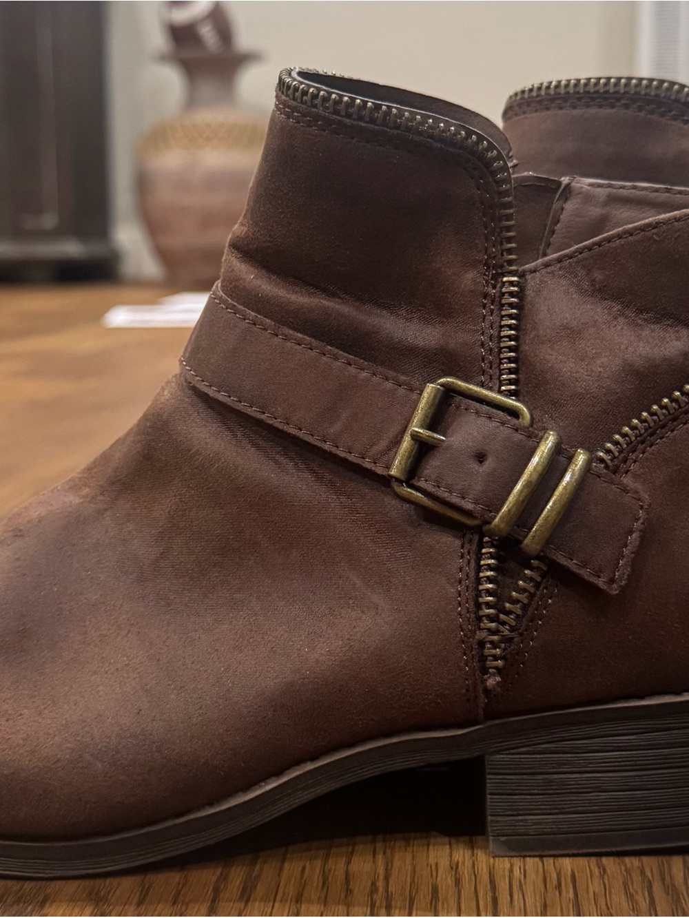 BASS Women's Brown Suede Ankle Bootie with Buckle Detail